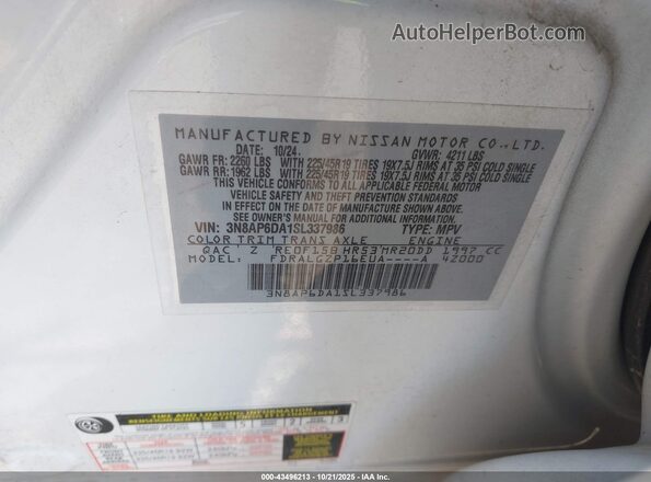 3N8AP6DA1SL337986 2025 NISSAN KICKS White Widok komory silnika