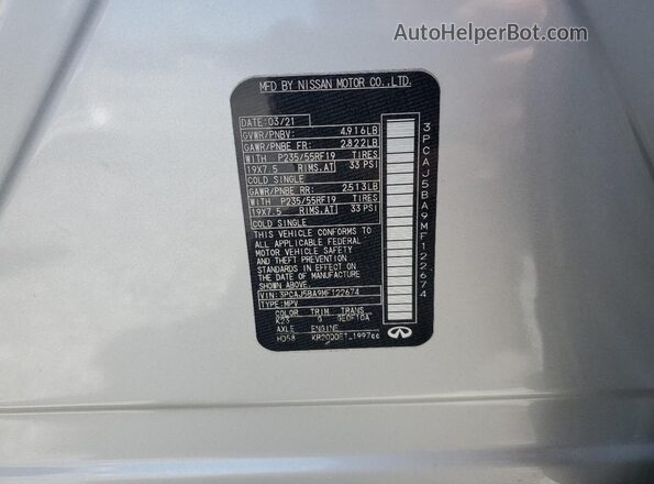 3PCAJ5BA9MF122674 2021 INFINITI QX50 Silver VIN կոդի պիտակի տեսք