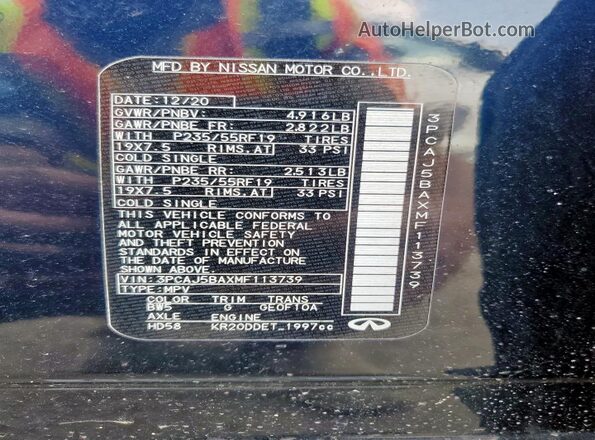 3PCAJ5BAXMF113739 2021 INFINITI QX50 Blue Вид наклейки з VIN-кодом