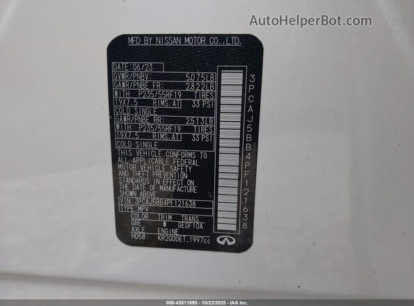 3PCAJ5BB4PF121638 2023 INFINITI QX50 White Widok komory silnika