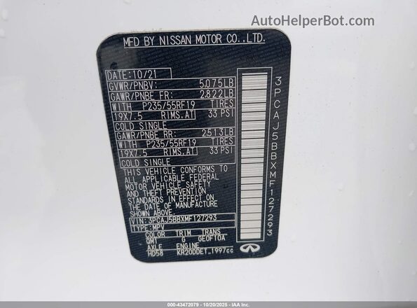 3PCAJ5BBXMF127293 2021 INFINITI QX50 White Engine compartment view