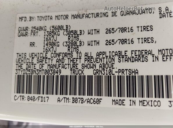 3TYDZ5BN3MT003849 2021 TOYOTA TACOMA White Widok komory silnika