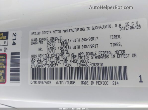 3TYJDAKN7ST020337 2025 TOYOTA TACOMA Белый Вид подкапотного пространства