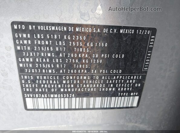 3VV1B7AX1MM053524 2021 VOLKSWAGEN TIGUAN Gray Engine compartment view