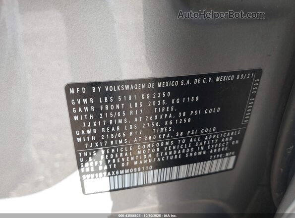 3VV1B7AX6MM099110 2021 VOLKSWAGEN TIGUAN Серебряный Вид подкапотного пространства