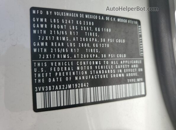 3VV3B7AX2JM192842 2018 VOLKSWAGEN TIGUAN White Widok naklejki z numerem VIN