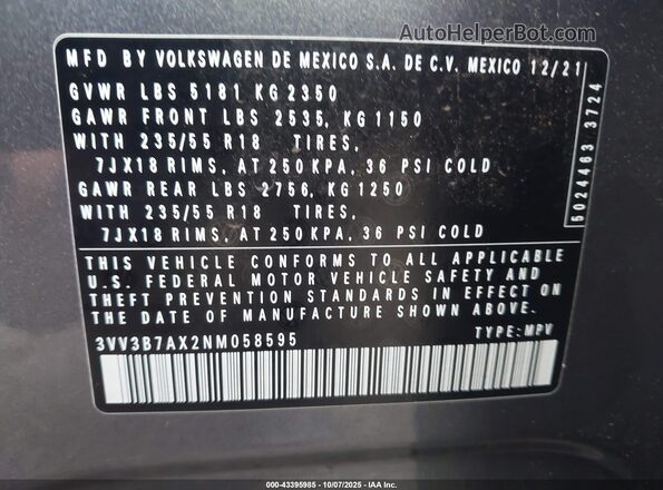 3VV3B7AX2NM058595 2022 VOLKSWAGEN TIGUAN Серый Вид подкапотного пространства