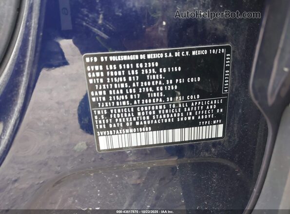 3VV3B7AX5MM019689 2021 VOLKSWAGEN TIGUAN Синий Вид подкапотного пространства