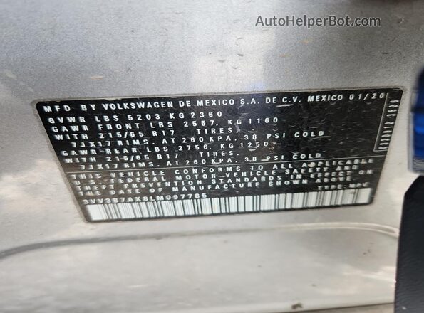 3VV3B7AX8LM097785 2020 VOLKSWAGEN TIGUAN Gray Widok wnętrza 360 stopni