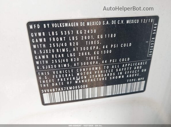 3VV4B7AX7KM065008 2019 VOLKSWAGEN TIGUAN White Widok komory silnika