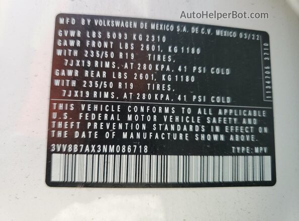3VV8B7AX3NM086718 2022 VOLKSWAGEN TIGUAN Белый Вид наклейки с VIN-кодом
