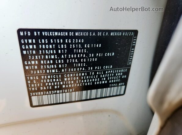 3VVRB7AX3PM078187 2023 VOLKSWAGEN TIGUAN White 360 interior view