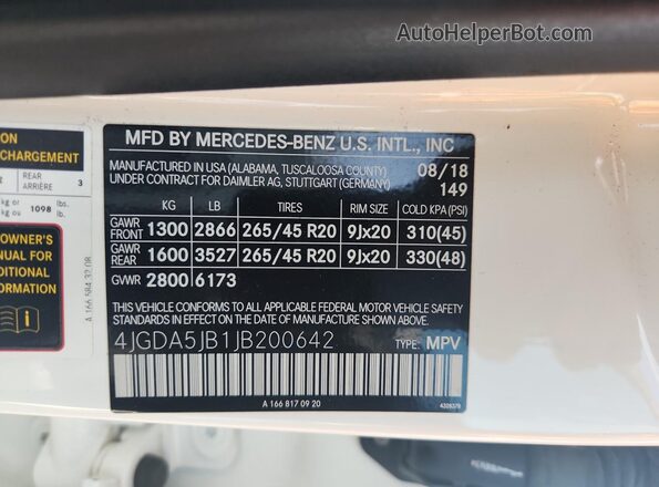 4JGDA5JB1JB200642 2018 MERCEDES-BENZ GLE White Vista de la etiqueta del VIN