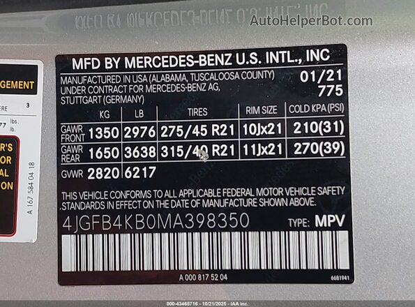 4JGFB4KB0MA398350 2021 MERCEDES-BENZ GLE 350 Silver Widok komory silnika
