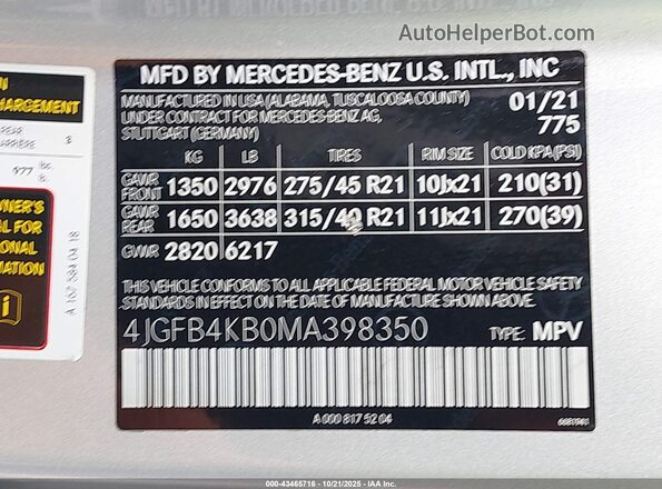 4JGFB4KB0MA398350 2021 MERCEDES-BENZ GLE 350 Silver 