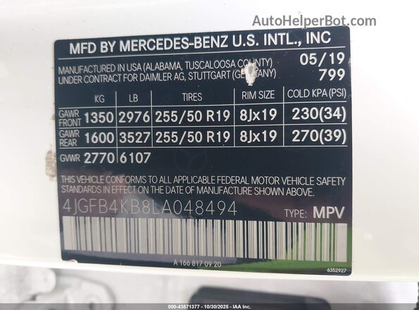 4JGFB4KB8LA048494 2020 MERCEDES-BENZ GLE 350 White Շարժիչի բաժամունքի տեսք