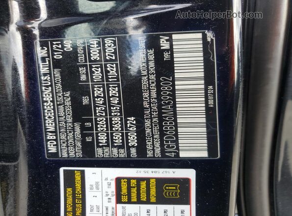 4JGFD6BB6MA399802 2021 MERCEDES-BENZ GLE Черный Вид наклейки с VIN-кодом