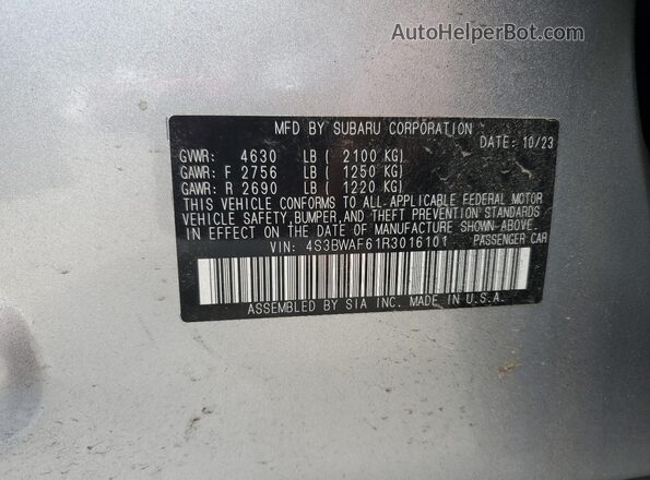 4S3BWAF61R3016101 2024 SUBARU LEGACY Серебряный Вид наклейки с VIN-кодом