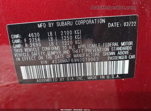 4S3BWAF69N3019063 2022 SUBARU LEGACY Red Widok komory silnika