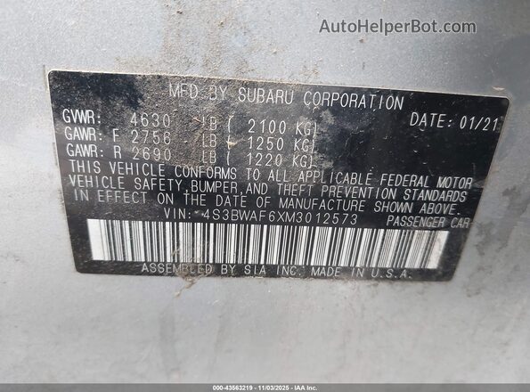 4S3BWAF6XM3012573 2021 SUBARU LEGACY Silver Engine compartment view