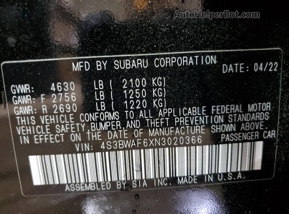 4S3BWAF6XN3020366 2022 SUBARU LEGACY Black Widok naklejki z numerem VIN
