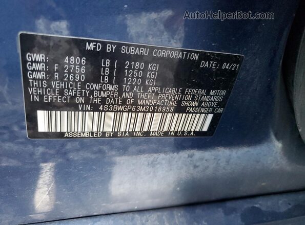 4S3BWGP63M3018958 2021 SUBARU LEGACY Синий Вид подкапотного пространства