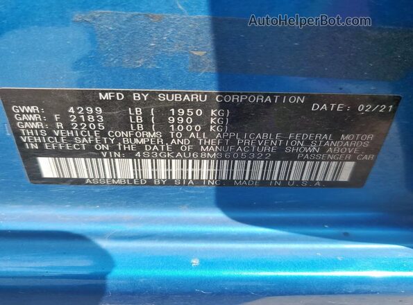 4S3GKAU68M3605322 2021 SUBARU IMPREZA Blue Vista del compartimento del motor