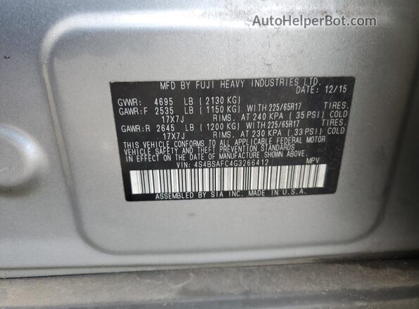 4S4BSAFC4G3266412 2016 SUBARU OUTBACK Серебряный Вид наклейки с VIN-кодом