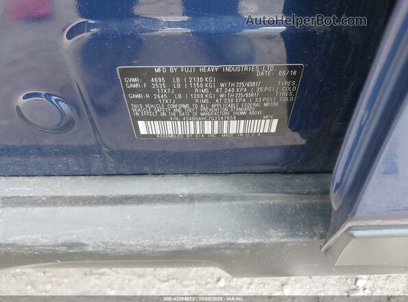 4S4BSAHC7G3347658 2016 SUBARU OUTBACK Синий Вид подкапотного пространства