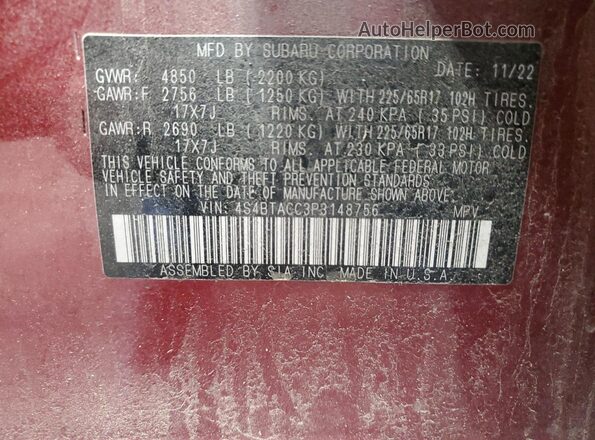 4S4BTACC3P3148756 2023 SUBARU OUTBACK Темно-бордовый Вид наклейки с VIN-кодом