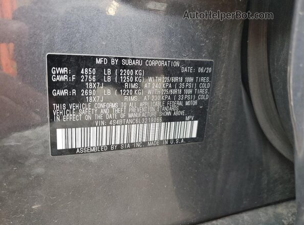 4S4BTANC6L3219066 2020 SUBARU OUTBACK Charcoal VIN կոդի պիտակի տեսք