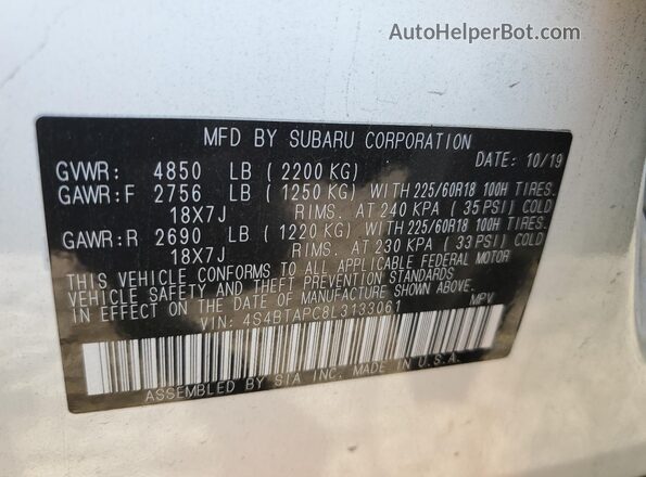 4S4BTAPC8L3133061 2020 SUBARU OUTBACK White ძრავის განყოფილების ხედი
