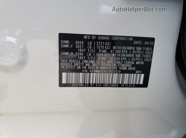 4S4WMADD6S3423020 2025 SUBARU ASCENT White Вид наклейки з VIN-кодом