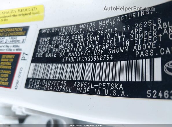 4T1BF1FK3GU998794 2016 TOYOTA CAMRY Белый Вид подкапотного пространства