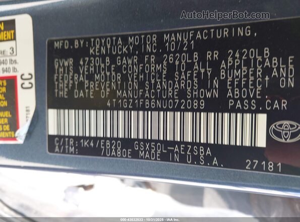 4T1GZ1FB6NU072089 2022 TOYOTA AVALON Gray Շարժիչի բաժամունքի տեսք