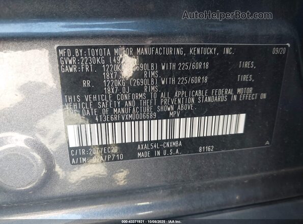 4T3E6RFVXMU006689 2021 TOYOTA RAV4 HYBRID Gray ძრავის განყოფილების ხედი
