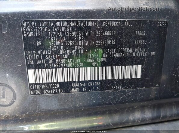 4T3T6RFVXNU073530 2022 TOYOTA RAV4 HYBRID Gray Vista del compartimento del motor