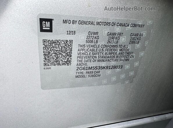 2G61M5S35K9128033 2019 CADILLAC XTS Серебряный Вид наклейки с VIN-кодом