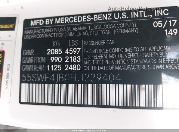 55SWF4JB0HU229404 2017 MERCEDES-BENZ C White Engine compartment view