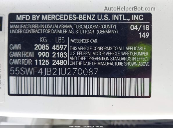 55SWF4JB2JU270087 2018 MERCEDES-BENZ C-CLASS Белый Вид подкапотного пространства