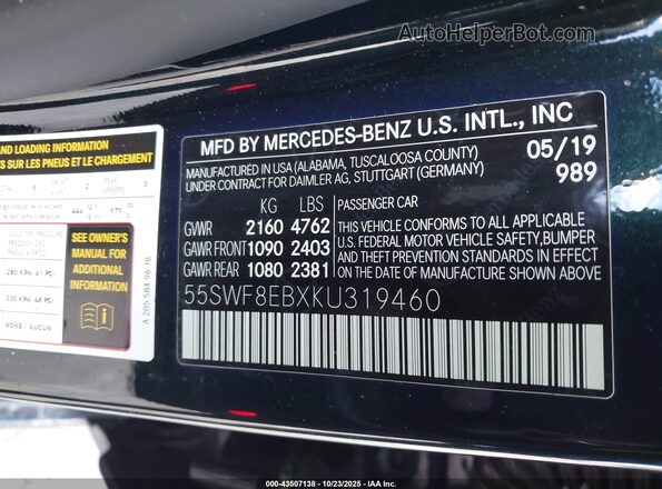 55SWF8EBXKU319460 2019 MERCEDES-BENZ C-CLASS Green Շարժիչի բաժամունքի տեսք
