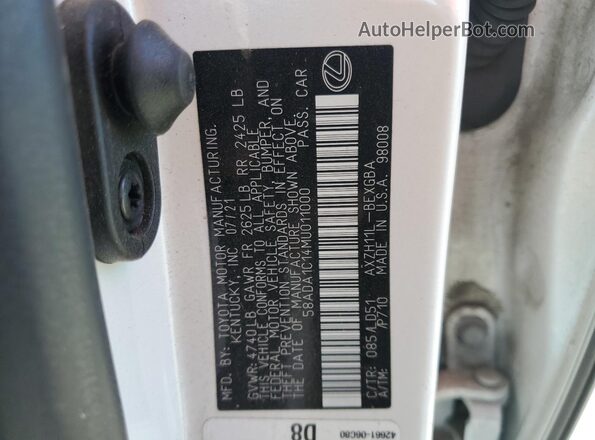 58ADA1C14MU011000 2021 LEXUS ES White Widok naklejki z numerem VIN