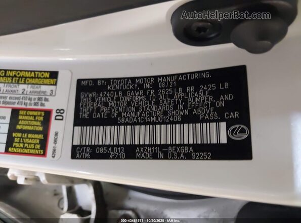 58ADA1C14MU012406 2021 LEXUS ES 300H Белый Вид подкапотного пространства