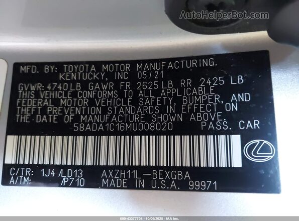 58ADA1C16MU008020 2021 LEXUS ES 300H Silver Widok komory silnika