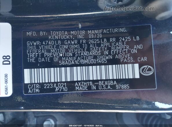 58ADA1C19MU001465 2021 LEXUS ES 300H Black Вид підкапотного простору
