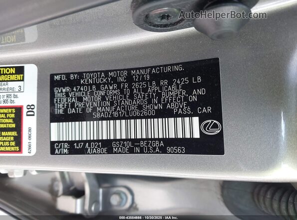 58ADZ1B17LU062600 2020 LEXUS ES 350 Серый Вид подкапотного пространства