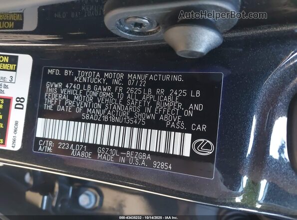 58ADZ1B18NU135475 2022 LEXUS ES 350 Черный Вид подкапотного пространства