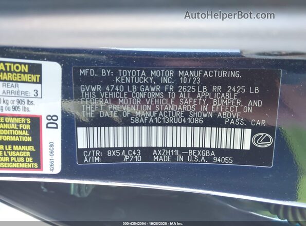 58AFA1C13RU041086 2024 LEXUS ES 300H Dark Blue Вид подкапотного пространства