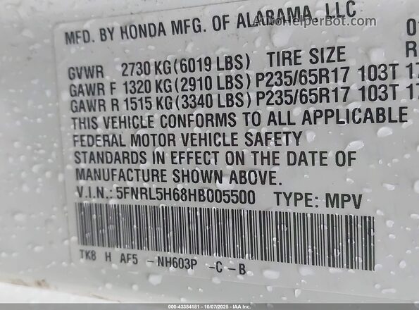 5FNRL5H68HB005500 2017 HONDA ODYSSEY White Вид підкапотного простору