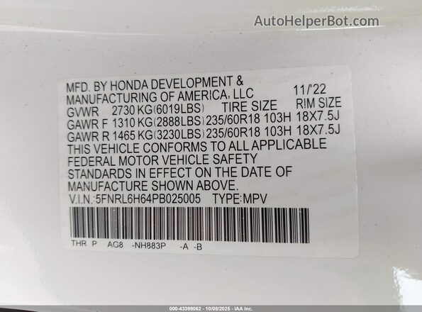5FNRL6H64PB025005 2023 HONDA ODYSSEY White Вид підкапотного простору